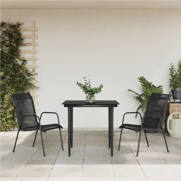 3 Piece Garden Dining Set Black Steel and Textilene vidaXL