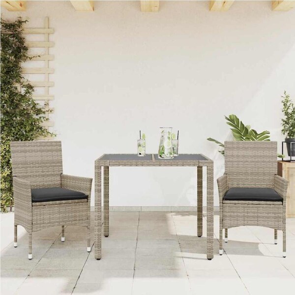 3 Piece Garden Dining Set with Cushions Light Grey Poly Rattan and Glass vidaXL