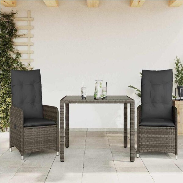 3 Piece Garden Bistro Set with Cushions Grey Poly Rattan vidaXL