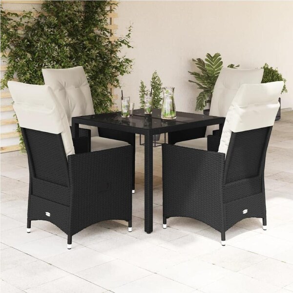 5 Piece Garden Dining Set with Cushions Black Poly Rattan vidaXL