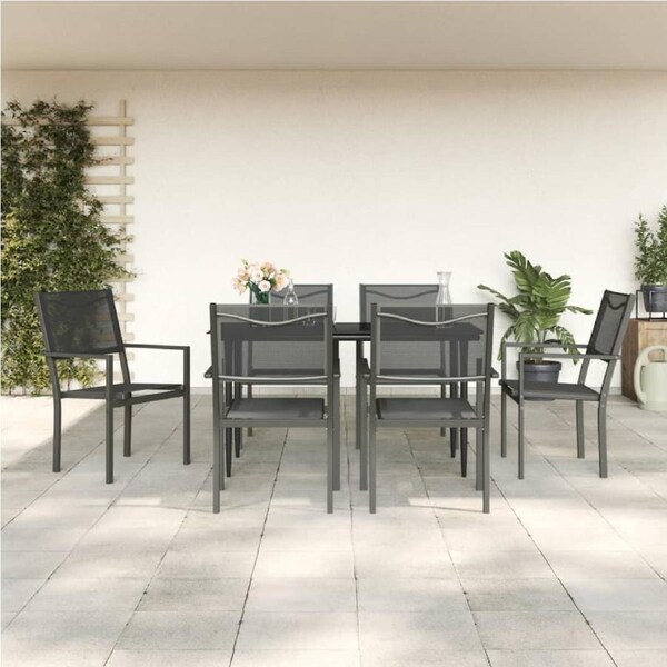 7 Piece Garden Dining Set Black Steel and Textilene vidaXL