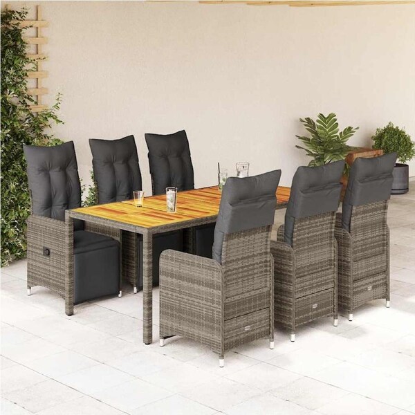 7 Piece Garden Bistro Set with Cushions Grey Poly Rattan vidaXL