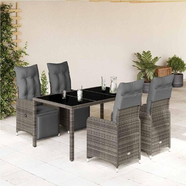 5 Piece Garden Bistro Set with Cushions Grey Poly Rattan vidaXL