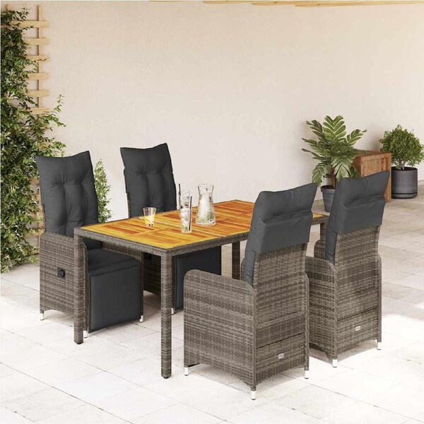 5 Piece Garden Bistro Set with Cushions Grey Poly Rattan vidaXL