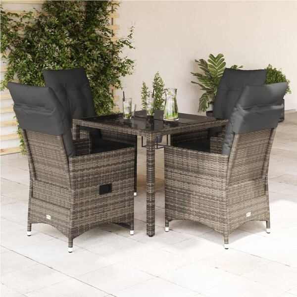 5 Piece Garden Dining Set with Cushions Grey Poly Rattan vidaXL