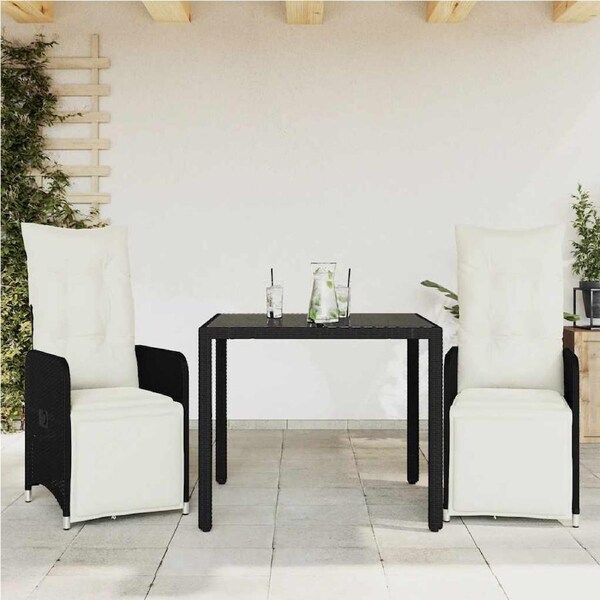 3 Piece Garden Bistro Set with Cushions Black Poly Rattan vidaXL