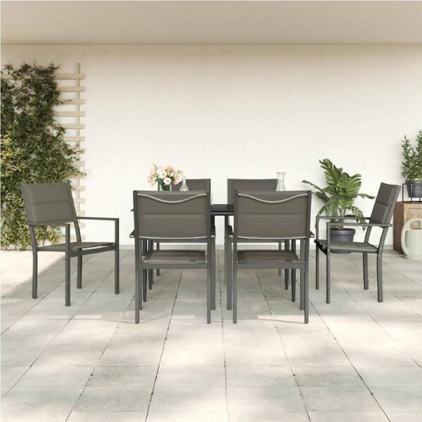7 Piece Garden Dining Set Black Steel and Textilene vidaXL