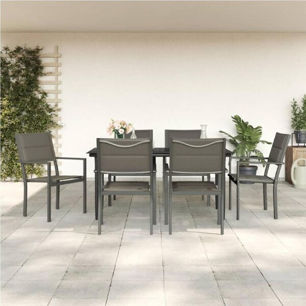 7 Piece Garden Dining Set Black Steel and Textilene vidaXL