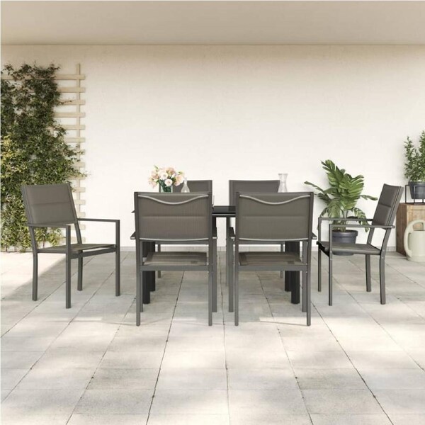 7 Piece Garden Dining Set Black Steel and Textilene vidaXL