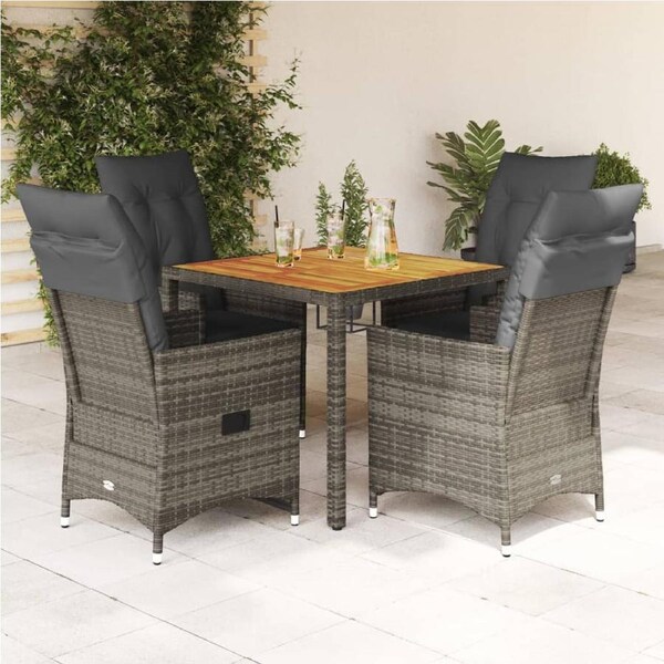 5 Piece Garden Dining Set with Cushions Grey Poly Rattan vidaXL
