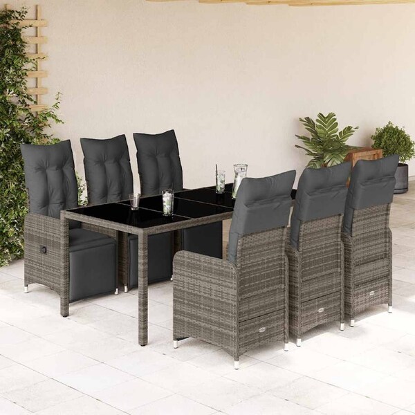 7 Piece Garden Bistro Set with Cushions Grey Poly Rattan vidaXL