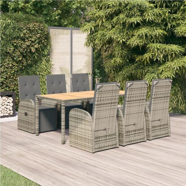 7 Piece Garden Dining Set with Cushions Grey Poly Rattan vidaXL