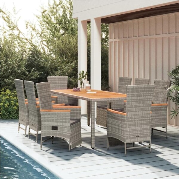 9 Piece Garden Dining Set with Cushions Grey Poly Rattan vidaXL