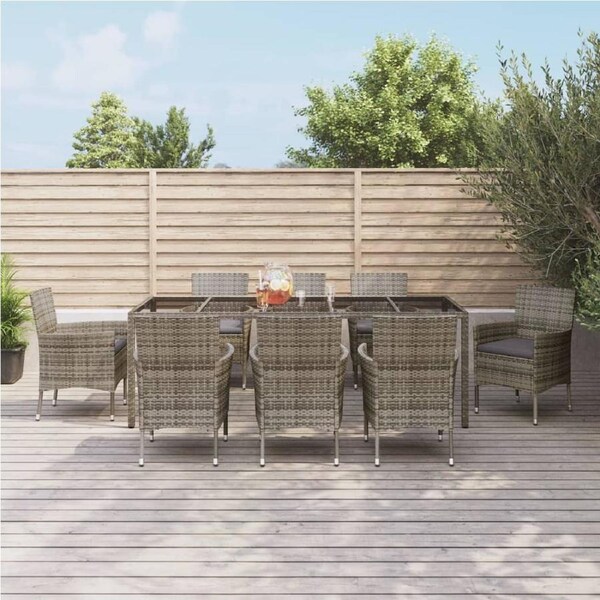 9 Piece Garden Dining Set with Cushions Grey Poly Rattan vidaXL