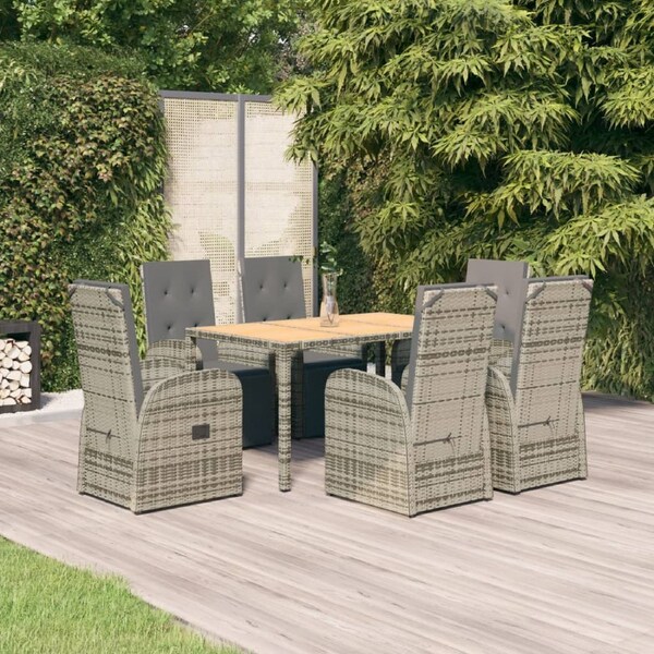 7 Piece Garden Dining Set with Cushions Grey Poly Rattan vidaXL