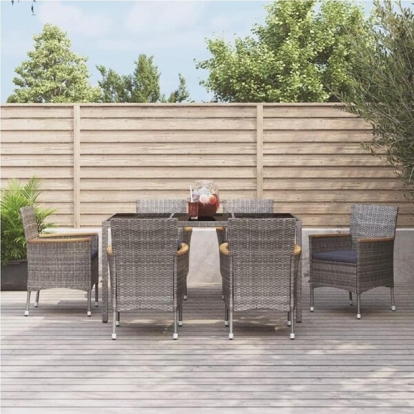 7 Piece Garden Dining Set with Cushions Grey Poly Rattan vidaXL