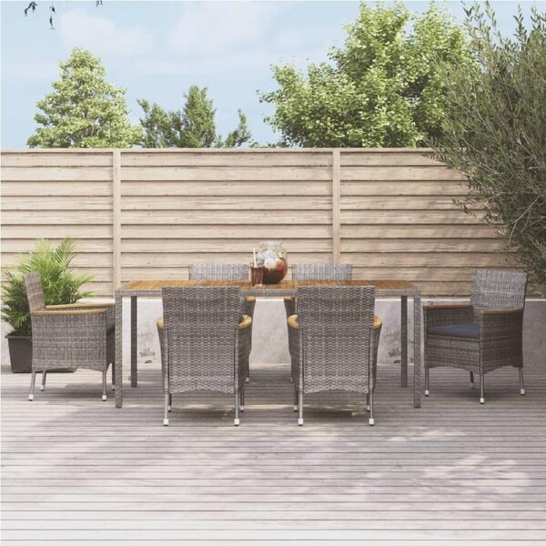 7 Piece Garden Dining Set with Cushions Grey Poly Rattan vidaXL