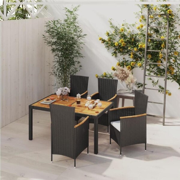 5 Piece Outdoor Dining Set with Cushions Poly Rattan Black vidaXL