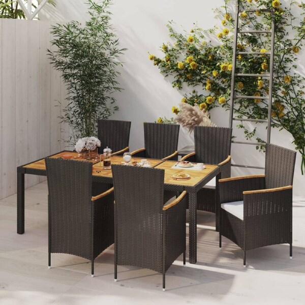 7 Piece Outdoor Dining Set with Cushions Poly Rattan Black vidaXL