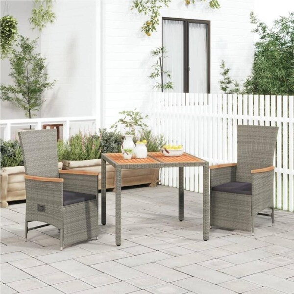 3 Piece Garden Dining Set with Cushions Grey Poly Rattan vidaXL