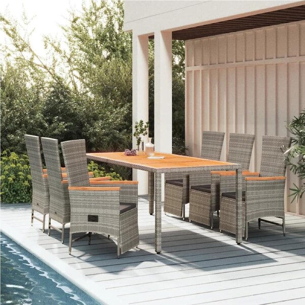 7 Piece Garden Dining Set with Cushions Grey Poly Rattan vidaXL