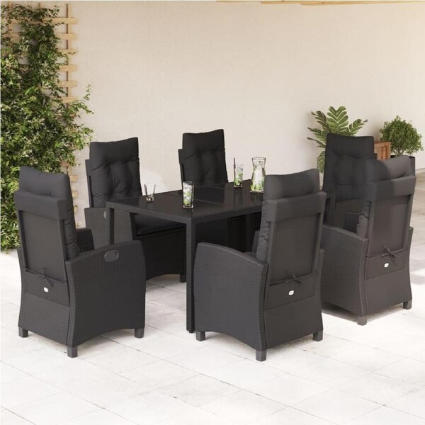 7 Piece Garden Dining Set with Cushions Black Poly Rattan vidaXL