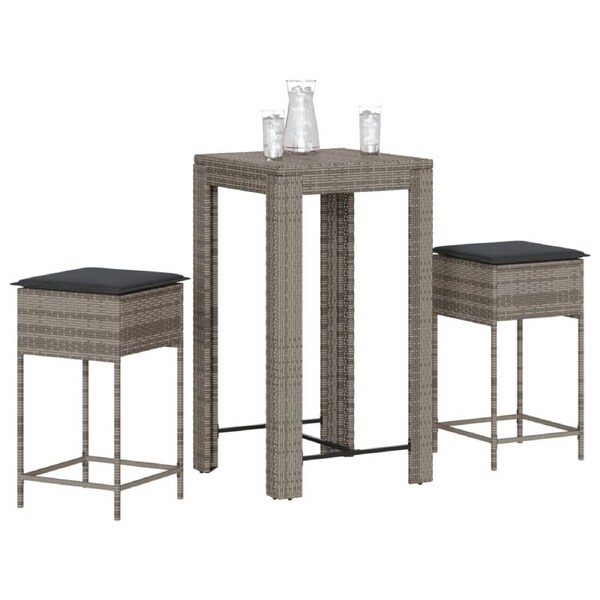 3 Piece Garden Bar Set with Cushions Grey Poly Rattan vidaXL