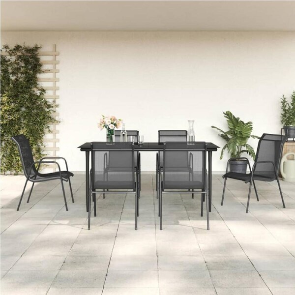 7 Piece Garden Dining Set Black Steel and Textilene vidaXL