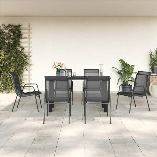 7 Piece Garden Dining Set Black Steel and Textilene vidaXL