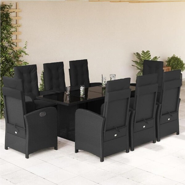 9 Piece Garden Dining Set with Cushions Black Poly Rattan vidaXL