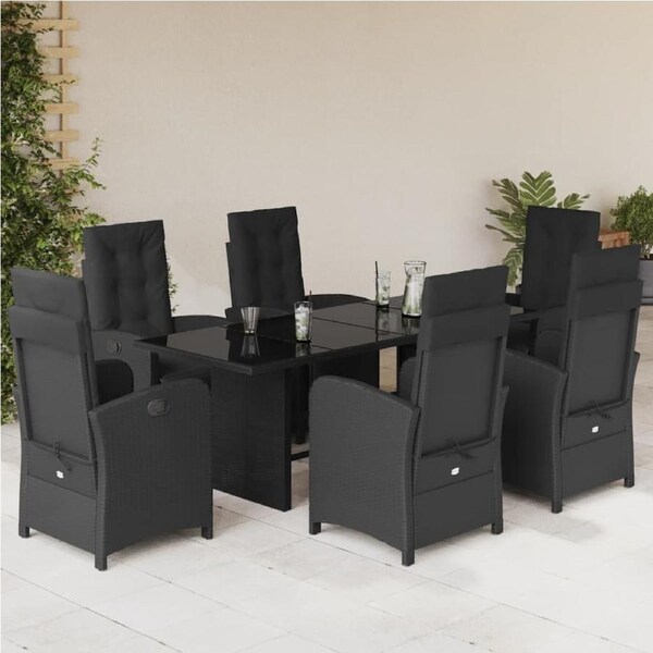 7 Piece Garden Dining Set with Cushions Black Poly Rattan vidaXL