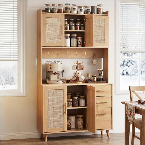 180cm Artiss Buffet Sideboard Hutch Kitchen Cupboard Cabinet 6 Hooks Rattan Pine