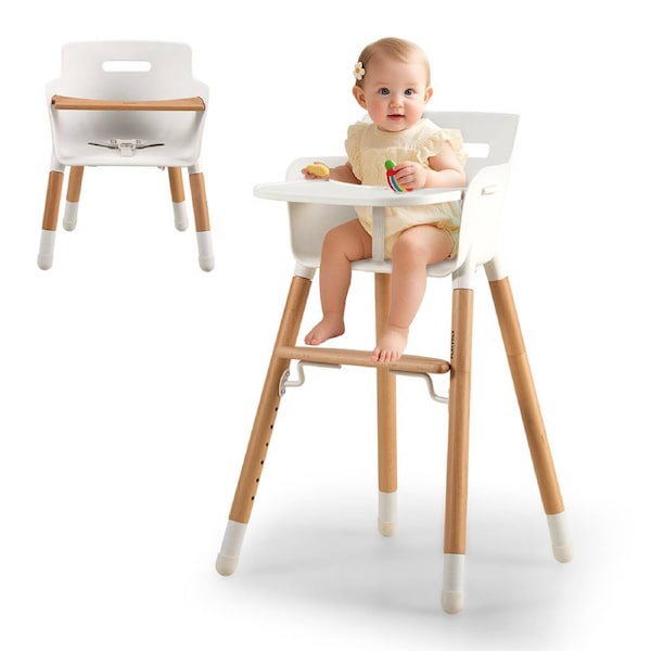PlayPals Baby High Chair Wood Feeding Chairs 2 Height Modes Adjustable Footrest