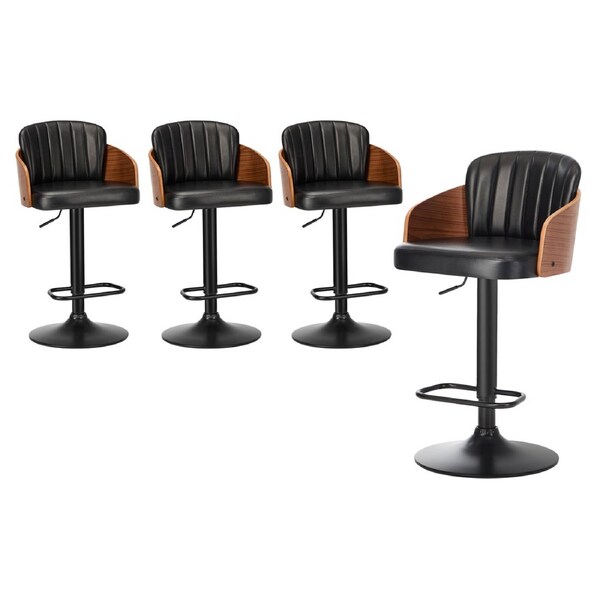 Oikiture 4x Bar Stools Adjustable Counter Height Stool Swivel Leather Black