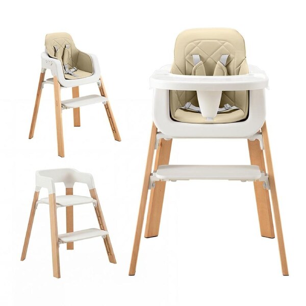 PlayPals 3-In-1 Baby High Chair Stable Wooden Feeding Chair Adjustable Tray & Footrest Khaki