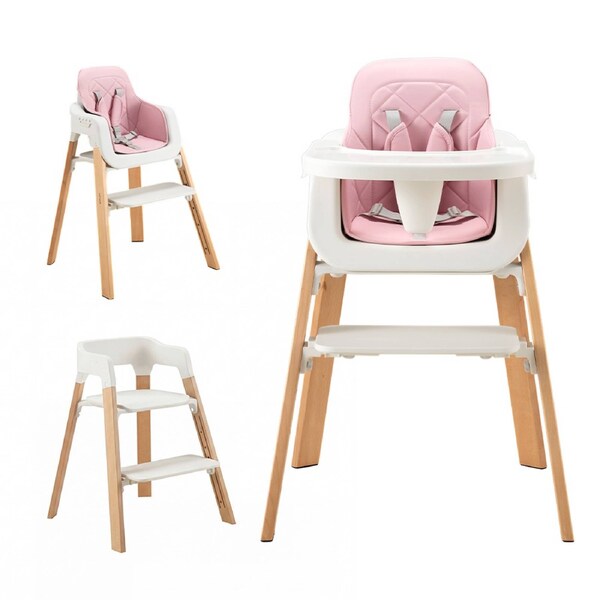 PlayPals 3-In-1 Baby High Chair Stable Wooden Feeding Chair Adjustable Tray & Footrest Pink