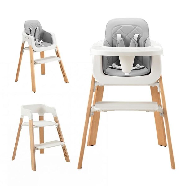 PlayPals 3-In-1 Baby High Chair Stable Wooden Feeding Chair Adjustable Tray & Footrest Grey