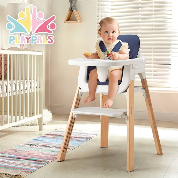 PlayPals 3-In-1 Baby High Chair Stable Wooden Feeding Chair Adjustable Tray & Footrest Blue