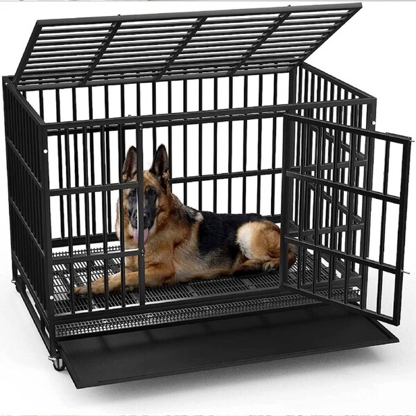 Jumbo Anti-Bite Metal Dog Cage with Wheels and Tray