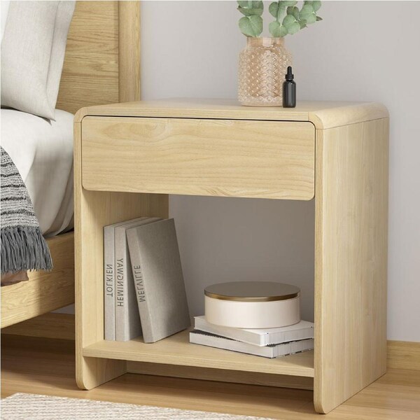 OAKORY 55cm Tall Side Table, Night Stand with 1 Drawer and Open Shelf for Living Room, Bedroom Natural Wood