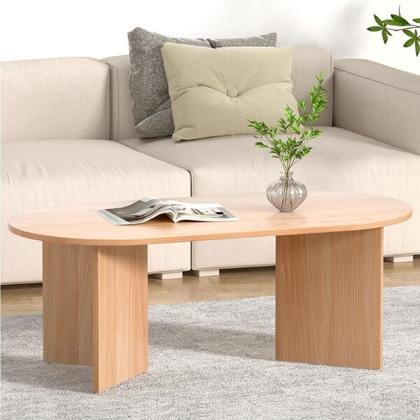 OAKORY 110cm Oval Coffee Table with Anti-slip Base and Round Edge Natural Wood for Living Room