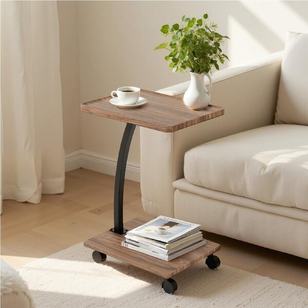 OAKORY 60cm Tall C-shaped Coffee Table with 2 Brake-equipped Wheels for Living Room, Reception Room Walnut and black