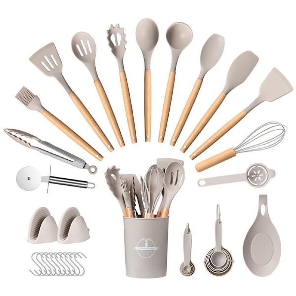 ZUNI 37PCS Silicone Kitchen Utensils Set Wood Cooking Baking Cookware
