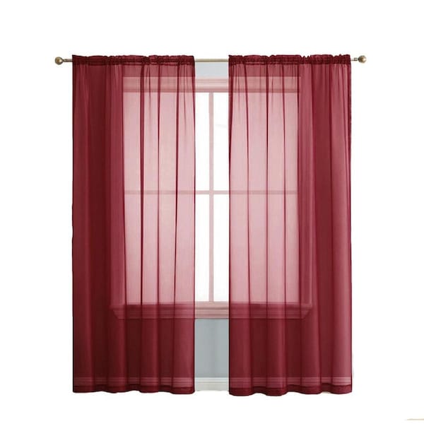 Sheer Curtain Rod Pocket Organza Voile Curtain Window Drape Dark Red