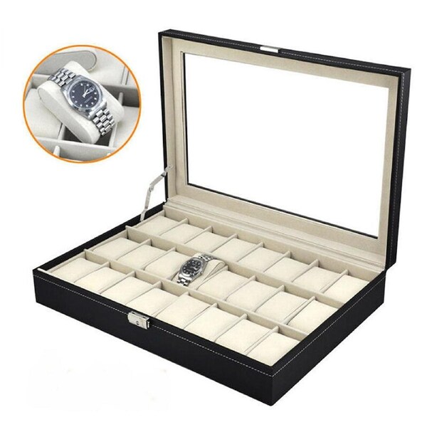 Watch Jewelry Storage Case Box Wrist Watches Holder Display Organizer 24 Pads Watch Box