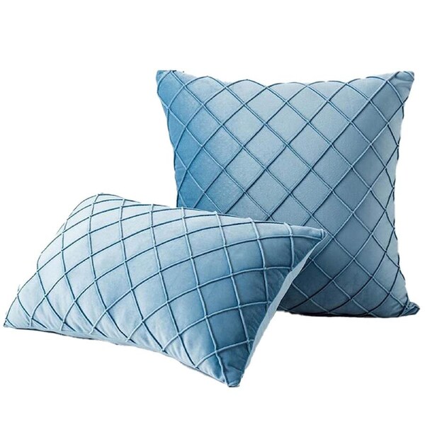 Velvet Cushion Cover Diamond Pleated Checked Home Decor Sofa Throw Pillow Case - Cerulean 50 x 50cm