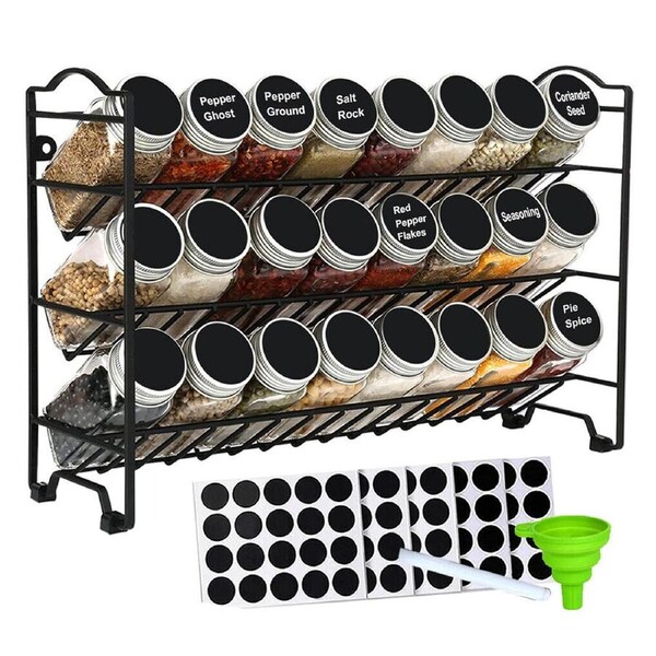 Seasoning Spice Bottle Rack Shelf Storage Stand Kitchen Cabinet Organizer Holder Black Rack and 24 Glass Jars Set