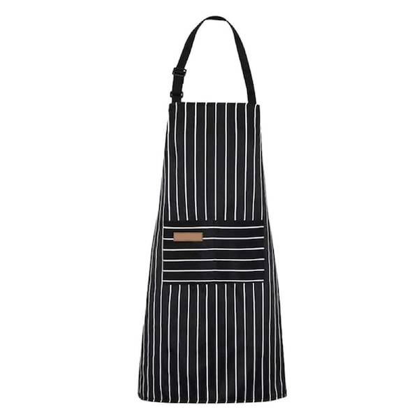 Adjustable Apron Hanging Neck Cooking Kitchen Baking Bar BBQ Chefs 2 Pockets Black Wide Stripe