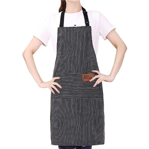 Adjustable Apron Hanging Neck Cooking Kitchen Baking Bar BBQ Chefs 2 Pockets Black Thin Stripe
