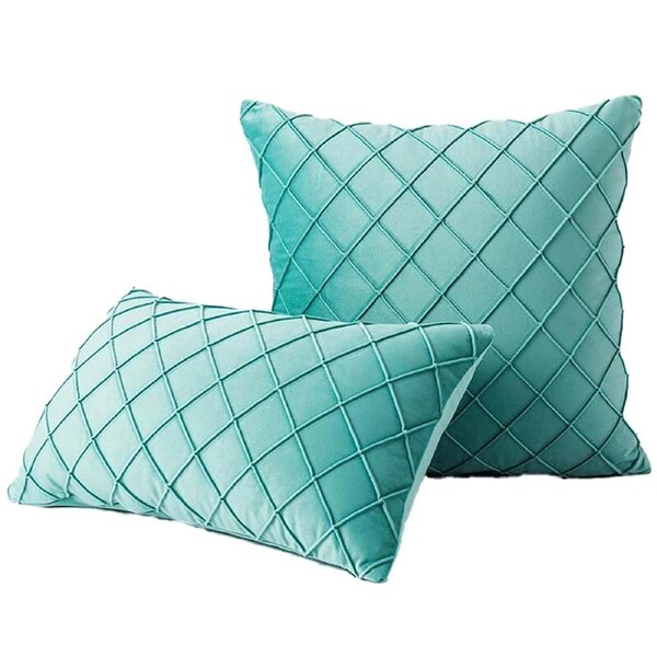 Velvet Cushion Cover Diamond Pleated Checked Home Decor Sofa Throw Pillow Case - Turquoise 45 x 45cm